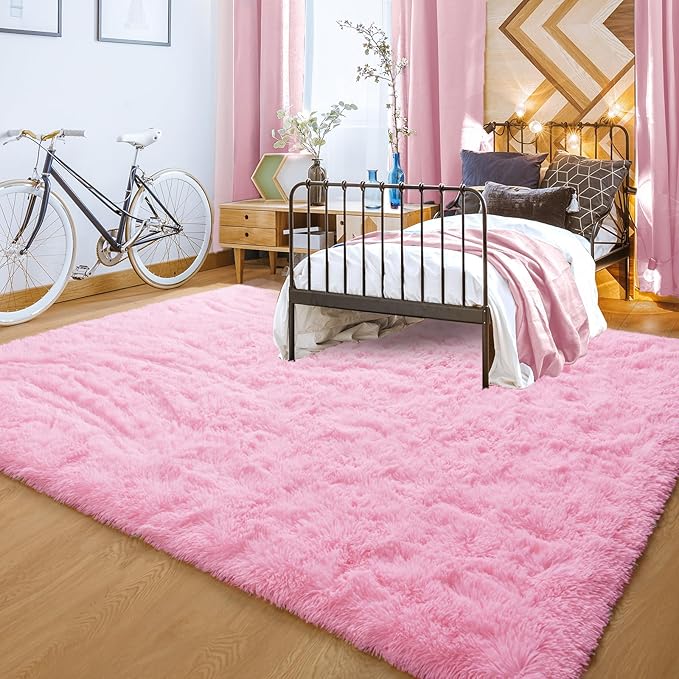 YJ.GWL Area Rugs for Living Room Bedroom, 6x9 Machine Washable Large Pink Carpet, Soft Fluffy Shaggy Thick Big Shag Indoor Floor Rug for Kids Boy and Girls Room Dorm Home Decor Aesthetic