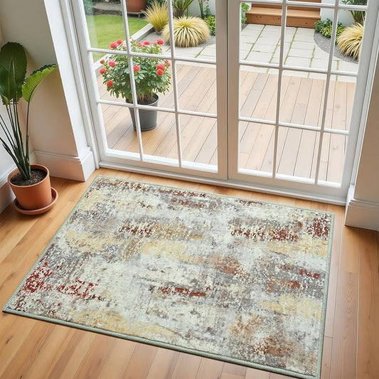 2x3 Washable Small Area Rug, Abstract Non-Slip Door Mat, Modern Low Pile Indoor Entryway Rugs, Tan Stain Resistant Throw Carpet for Front Door, Kitchen, Entry, Inside Entrance