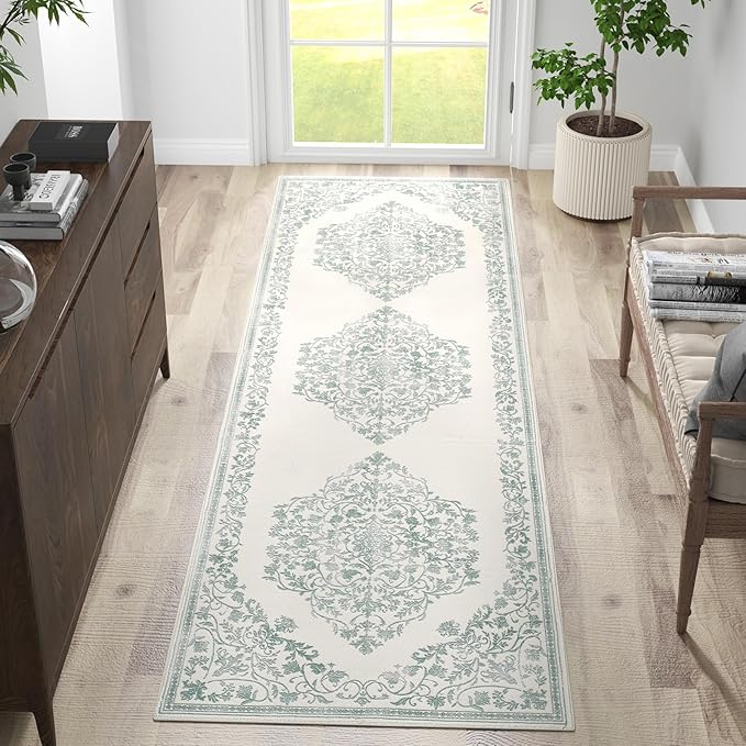 jinchan Runner Rug 2x5 Kitchen Washable Rug Vintage Entryway Hallway Runner Ultra-Thin Non Slip Carpet Floral Medallion Boho Floor Carpet for Bedroom Bathroom Laundry Room Farmhouse Green On Cream