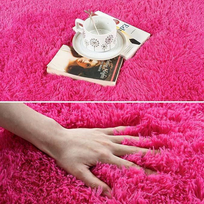 Shaggy 5x7 Area Rug, Shag Hot Pink Rug-Fuzzy Rugs for Living Room, Kids Boys Living Bedroom Decor - Modern High Pile Non Slip Area Rug