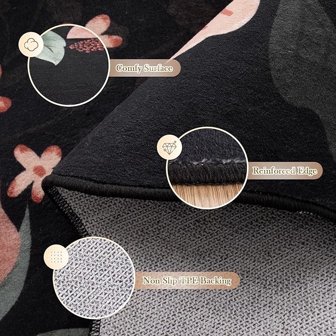Beeiva 5x7 Rugs for Living Room, Floral Washable Area Rug for Bedroom Under Bed, Thin Low Pile Foldable Large Carpet for Office, Playroom, Dining Room - Black