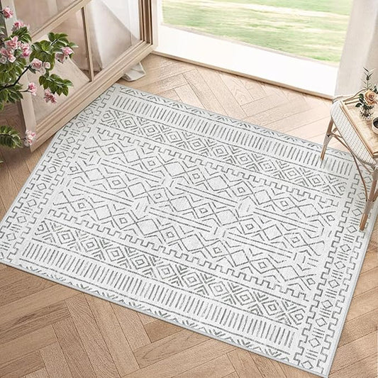 2x3 Rug Entryway Rugs: Washable Boho Small Geometric Moroccan Printed Pattern Rug Modern Indoor Soft Non Slip Ultra Thin Front Door Mat for Kitchen Bedroom (BeigeGray, 2'x3')