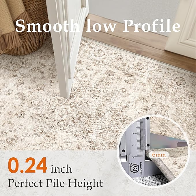 10x12 Neutral Area Rug Beige Floral Living Room Bedroom Large Carpet Non-Slip Low Pile Vintage Soft Thin Washable Throw Rug for Dining Room Office Kitchen Indoor Nursery