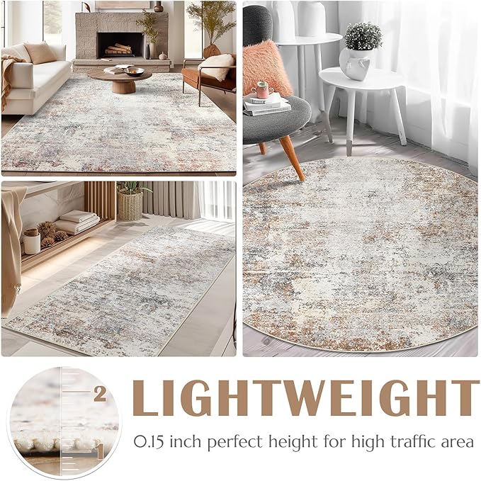 jinchan Round Rug 6ft Modern Area Rug 6' Round Circle Mat Washable Abstract Distressed Floor Cover Taupe Multi Contemporary Non-Slip Overdyed Thin Carpet for Living Room Dining Room Bedroom Kitchen
