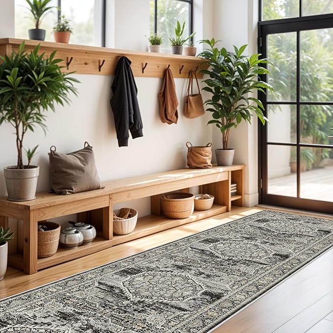 Washable Hallway Runner Rugs 3x14: Soft Ultra Thin Low Pile Carpet Machine Washable Indoor Lightweight Rug Runner Anti Slip Backing Rugs for Living Room Bedroom Kitchen 3'x14' Black