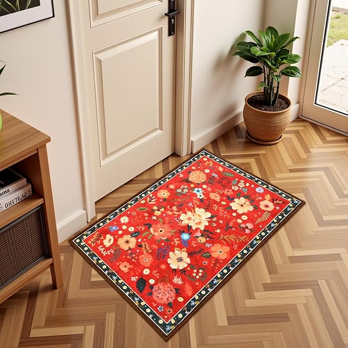 2x3 Small Floral Rug for Entryway, Flowers Printed Washable Rugs with Non Slip Backing for Girls Bedroom Kitchen, Cute Throw Carpet Front Door Entry Decor, Red