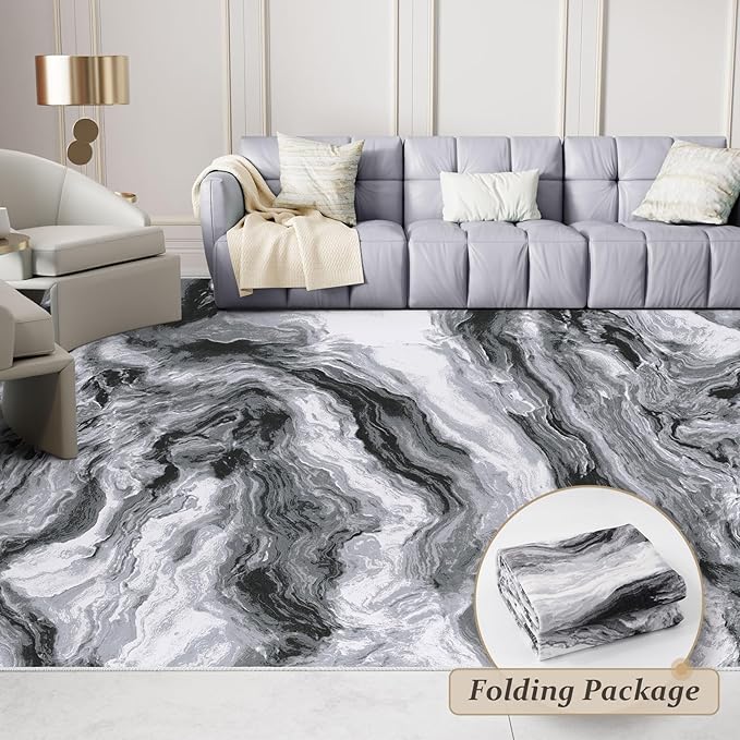 Washable Area Rug 6x9 - Artistic Style Modern Rug for Living Room Bedroom Dining Room, Soft Low Pile Machine Washable Carpet, Non Slip Non Shedding Area Rug - Grey/White, 6'x9'