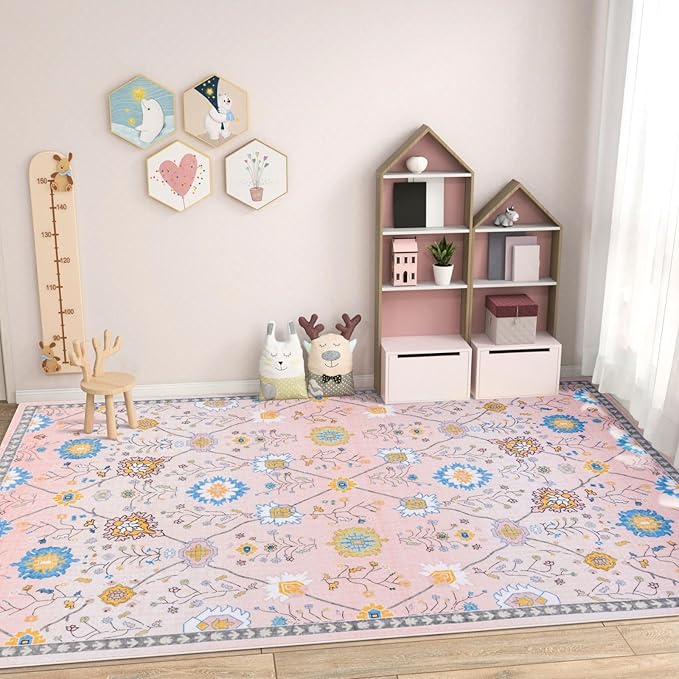 Syalife 3x5 Area Rugs, Non Slip Washable Low Pile Rugs for Living Room, Kitchen, Hallway, Bedroom Bedside, Kids Room, College Dorm (Pink Floral, 3'x5')