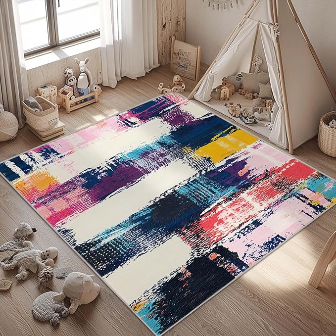 4x6 Rug Abstract Colorful Area Rug Bedroom Ultra-Thin Soft Low Pile Large Carpet Living Room Non Slip Dining Room Office Stain Resistant Washable Machine