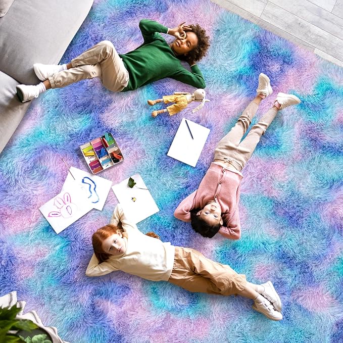 Large Rugs 8x10 Area Rugs for Living Room,Plush Fluffy Carpets for Boy and Girls Room, Modern Soft Shag Rug for Bedroom, Non Slip, Indoor Carpet for Kids Dorms Home Office Decor, Light Rainbow