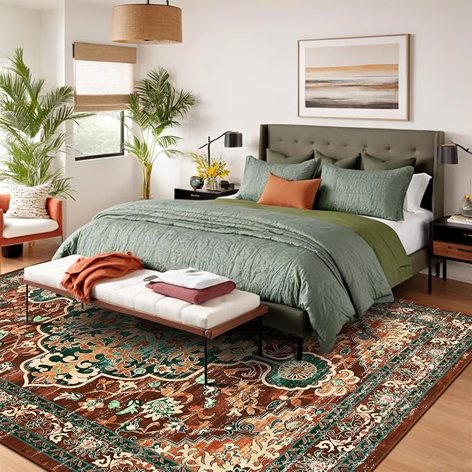 U'Artlines Boho Vintage Area Rug 9x12 ft Machine Washable Low Pile Soft Floor Carpet Non Slip Non Shedding Accent Rug for Living Room Bedroom Entryway Dining Room Office Rust＆Teal