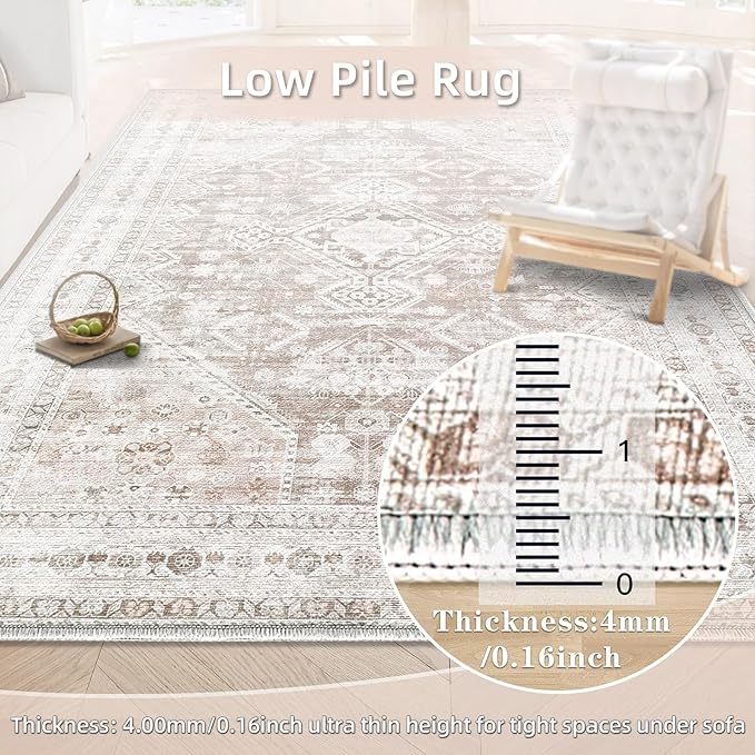 Zomfy Area Rug Vintage 4x6 Rug: Washable Indoor Rug, Traditional Oriental Medallion Rug, Non Slip Carpet for Living Room Bedroom Dining Table Kitchen(Beige, 4'x6')