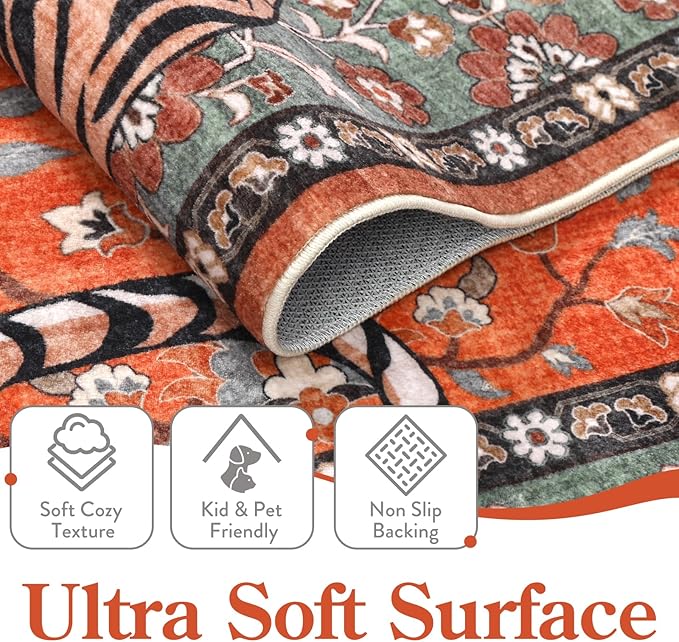 Moynesa Tiger 3x5 Washable Rug, Boho Area Rugs for Entryway, Non Slip Small Rug for Bedroom, Ultra Thin Botanical Vintage Soft Accent Carpet for Kitchen Entry Laundry Room, Rust