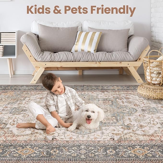 Washable Area Rugs for Living Room - 10x14 Neutral Vintage Distressed Floral Farmhouse Boho Large Soft Floor Rug Indoor Non Slip Carpet for Bedroom Dining Room Office - Green
