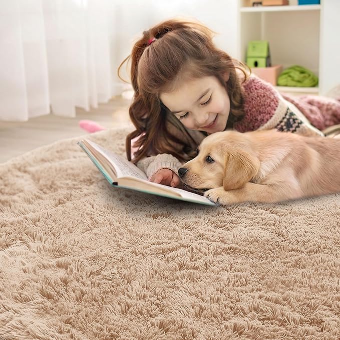 OLANLY Beige Round Rugs for Bedroom - Machine Washable, 3x3 Feet Circle Area Rugs for Living Room, Soft and Fluffy Shaggy Carpet for Teen Girls and Boys, Nursery Rooms, Dorms, Home Decor Aesthetic
