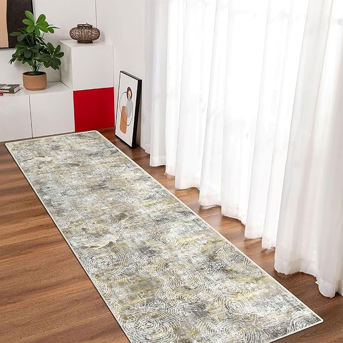 vivorug Washable Rug, Ultra Soft Runner Rug 2x10, Non Slip Abstract Rug, Runners for Hallway Living Room, Modern Fuzzy (Mustard, 2'x10')