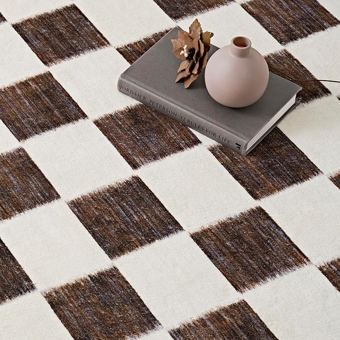 EVERGRACE Checkered Plaid Area Rug 3x5, Soft Fuzzy Faux Wool Rugs Washable Anti Slip Rugs Small for Entryway Bedroom Living Room Hallway Kitchen Dining Room and Laundry Room, Dark Brown and White
