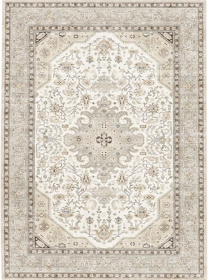 12x15 Area Rug for Living Room: Large Soft Distressed Oriental Rugs with Non-Slip Backing Ultra Thin Farmhouse Bedroom Carpets - Stain Resistant Indoor Rug - 12' by 15' Ivory/Grey/Multi