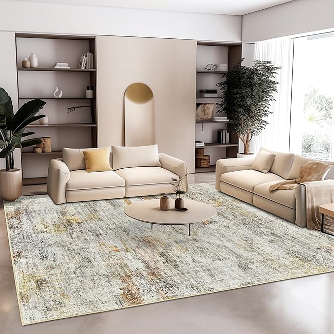 10x14 Area Rugs for Living Room, Non Slip Machine Washable Vintage Rugs, Low Pile Lightweight Large Rug for Bedroom, Dining Room, Home Office Gray Rust