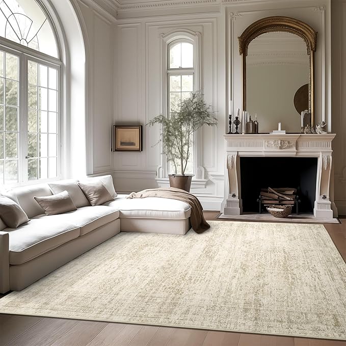 10x14 Area Rugs for Living Room, Non Slip Machine Washable Vintage Rugs, Low Pile Lightweight Large Rug for Bedroom, Dining Room, Home Office Beige