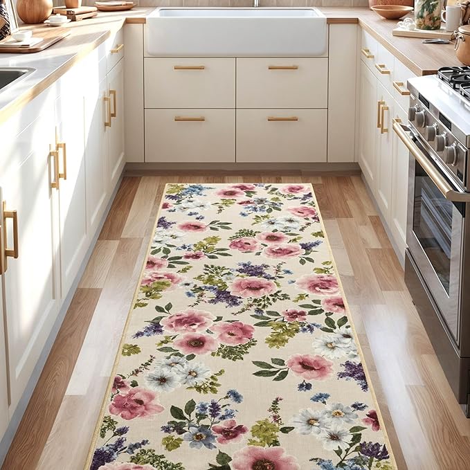 2x6 Runner Rug for Hallways Kitchen Machine Washable Boho Floral Rug Runner Non-Slip Soft Low Pile Long Floor Carpet Runner for Laundry, Bedroom, Entryway (Beige)