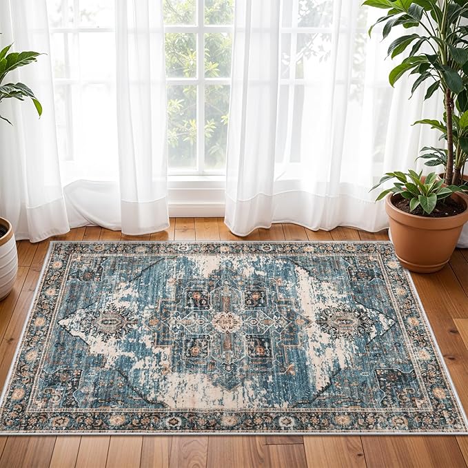 RUUGME 2x3 Area Rugs Indoor - Large Boho Rugs for Living Room Stain Resistant Carpet Vintage Tribal Rugs for Bedroom Kitchen Bathroom with Non Slip Backing Home Decor Floor Decoration Mat 2x3 Blue