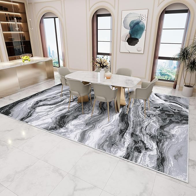 Washable Area Rug 6x9 - Artistic Style Modern Rug for Living Room Bedroom Dining Room, Soft Low Pile Machine Washable Carpet, Non Slip Non Shedding Area Rug - Grey/White, 6'x9'