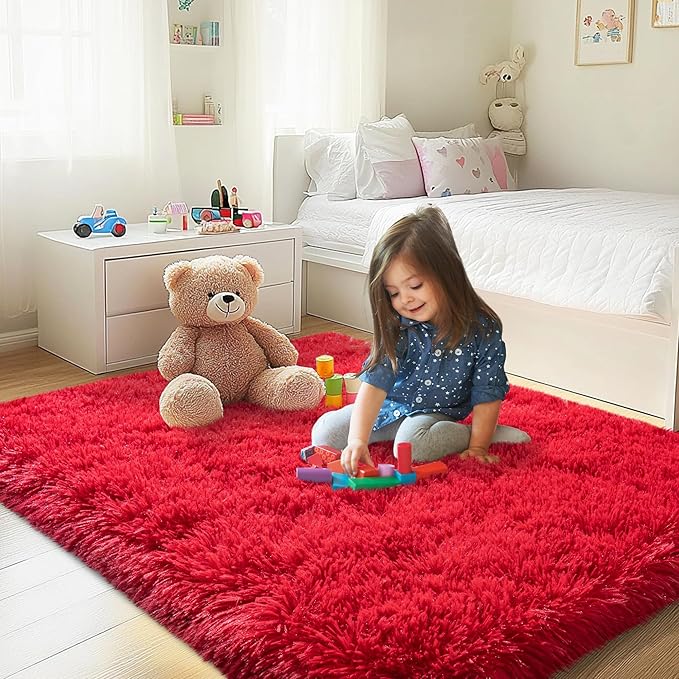 3x5 Area Rug for Bedroom, Red Rugs for Living Room Nursery Kids Room Dorm Home Decor Aesthetic, Fluffy Shaggy Rug with 4 Anti-Slip Carpet Tapes