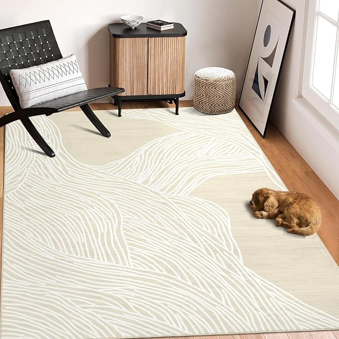 Large Area Rug 9x12 Rugs for Living Room Washable Rug Non Slip Modern Abstract Rug Low Pile Foldable Thin Rug Soft Indoor Non-Shedding Carpet for Bedroom Nursery Home Office Beige/White
