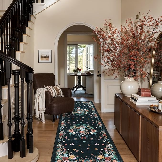Black Runner Rug for Entryway Indoor, 2x6 Floral Washable Rug with Rubber Backing for Hallways, Bedroom, Kitchen, Laundry, Bedside