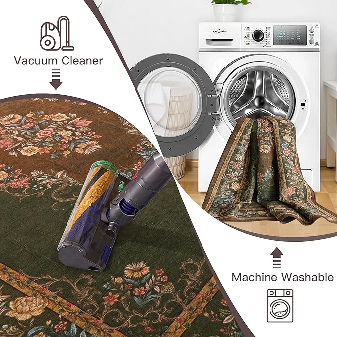 RYB HOME Stain Resistant Kitchen Rug Machine Washable, Floral Vintage Entrance Door Mat Carpet, Soft Wool Non Slip for Hallway Bathroom Laundry Foyer, 2x3ft