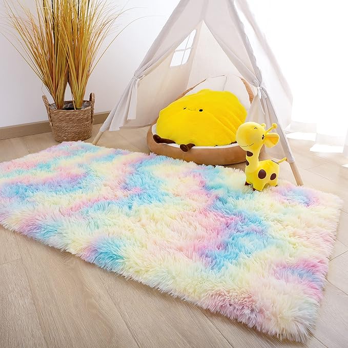 Noahas Fluffy Rainbow Rugs for Bedroom Girls,2x6 Shag Pink Kids Room Rug,Shaggy Area Rugs for Living Room,Soft Fuzzy Colorful Playroom Nursery Dorm Carpets Room Decor