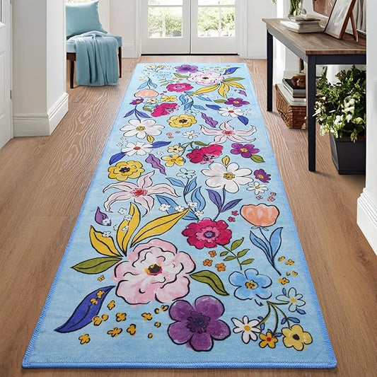 ST. BRIDGE Blue Runner Rug 2x6, Washable Rug Runners for Hallway Entryway Bedroom, Non-Slip Low Pile Boho Floral Throw Rugs Soft Faux Wool Floor Carpet for Kitchen, Bathroom, Laundry