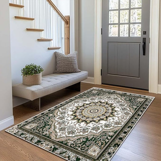 3x5 Entryway Rug Traditional Oriental Vintage White Dark Green Area Rug Indoor Entrance Non Slip Door Mat Stain Resistant Washable Machine Soft Low Pile Small Carpet Bathroom Kitchen