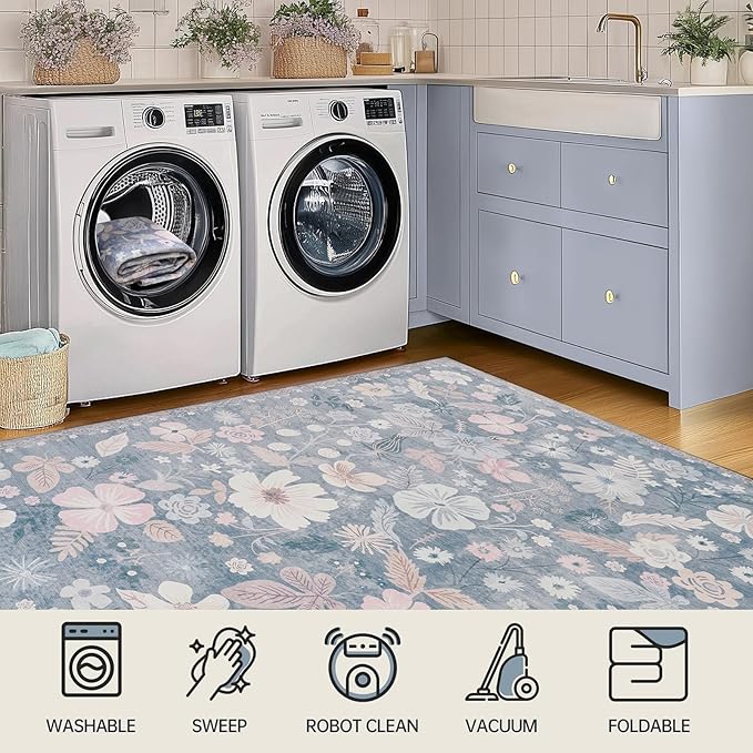 Washable Rugs 2x3 Throw Rugs for Entryway Non Slip Stain Resistant Doormat Light Blue Low Pile Faux Fur Farmhouse Boho Floral Area Rugs for Front Door Kitchen Bed Bedside Pet Home Decor