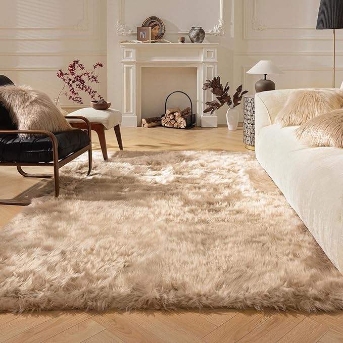 Ashler faux fur rug, Fluffy Shaggy Area Rug Ultra Soft 3 x 5 Feet Rectangle Fur Rug Beige Fuzzy Rug Machine Washable Shag Rug, Nursery Decor Throw Rugs for Bedroom, kids room, Living Room