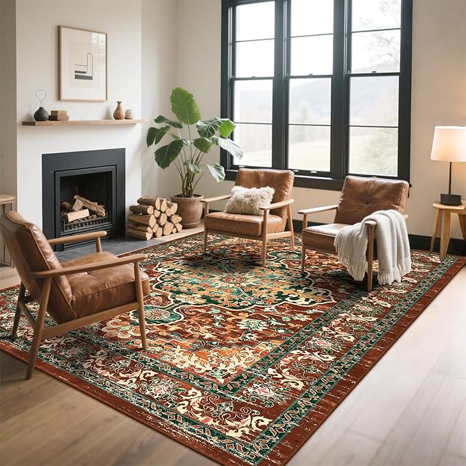 U'Artlines Boho Vintage Area Rug 6x9 ft Machine Washable Low Pile Soft Floor Carpet Non Slip Non Shedding Accent Rug for Living Room Bedroom Entryway Dining Room Office Rust＆Teal