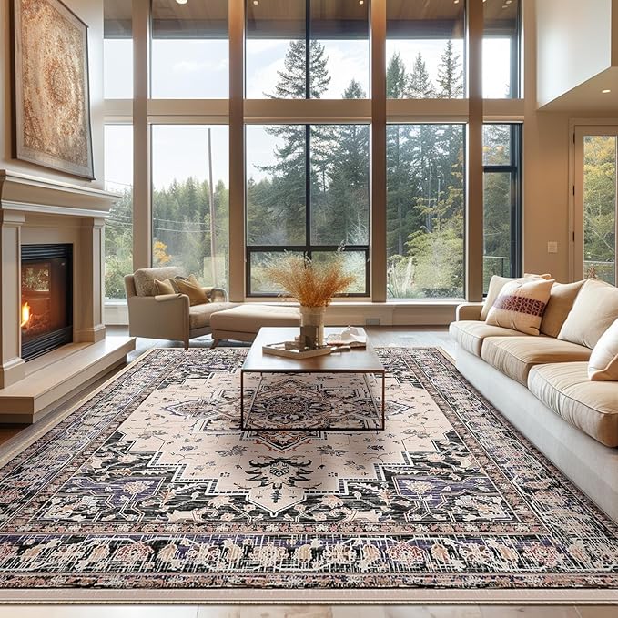 BESTSWEETIE 9x12 Area Rugs for Living Room, Washable Ultra Soft Boho Vintage Print Pattern Rug Non Slip Low Pile Carpet for Dining Room Bedroom Entryway Indoor-Khaki/Beige/Purple/Black