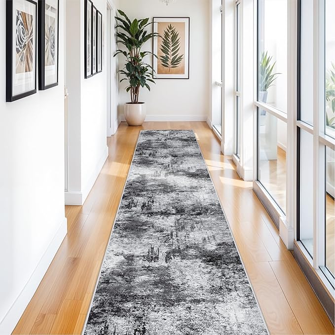 RUUGME Hallway Runner Rug 3x14 - Runner Rug Stain Resistant for Living Room Non Slip Indoor Entryway Rubber Backing Carpet Bedroom Kitchen Distressed Floor Decor Mat Machine Washable 3x14 BlackA