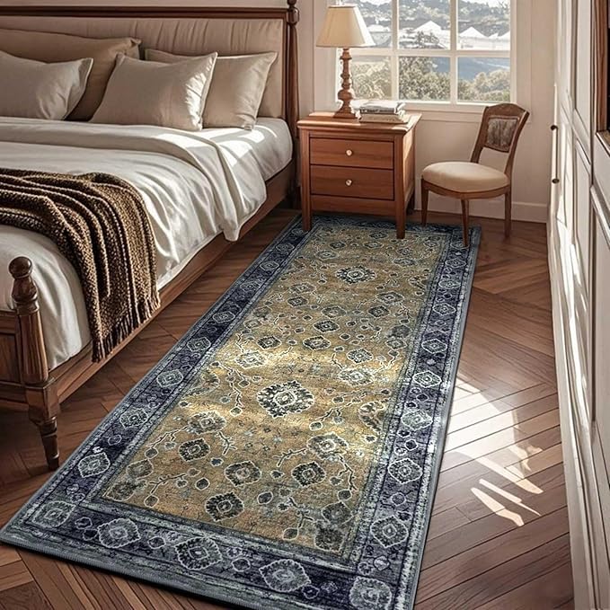 2x6 Runner Rug,Washable Kitchen Rugs with Non-Slip Backing,Low Pile Vintage Area Rug for Kitchen Floor, Hallway,Bathroom,Bedroom,Black&Yellow
