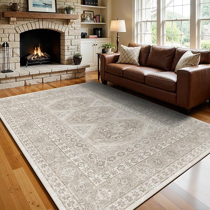 6x9 Area Rugs for Living Room:Washable Oriental Rug for Bedroom Dining Room Carpet 6 by 9 Indoor Non Slip Rubber Backing Neutral Nursery Dorm Home Office Kids Beige
