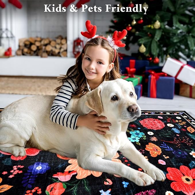 2x8 Floral Runner Rug, Flowers Printed Washable Rugs with Non Slip Backing for Girls Bedroom Kitchen Hallway,Cute Carpet Runners Home Aesthetic Decor, Black