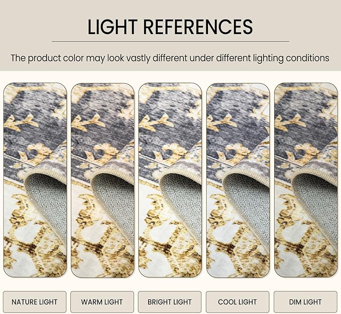 Washable 5x7 Area Rugs, Rugs for Living Room, Low-Pile Water&Stain Resistant Carpet Vintage Distressed Printed Non-Slip Carpet for Bedroom Bathroom Kitchen-Grey/Yellow