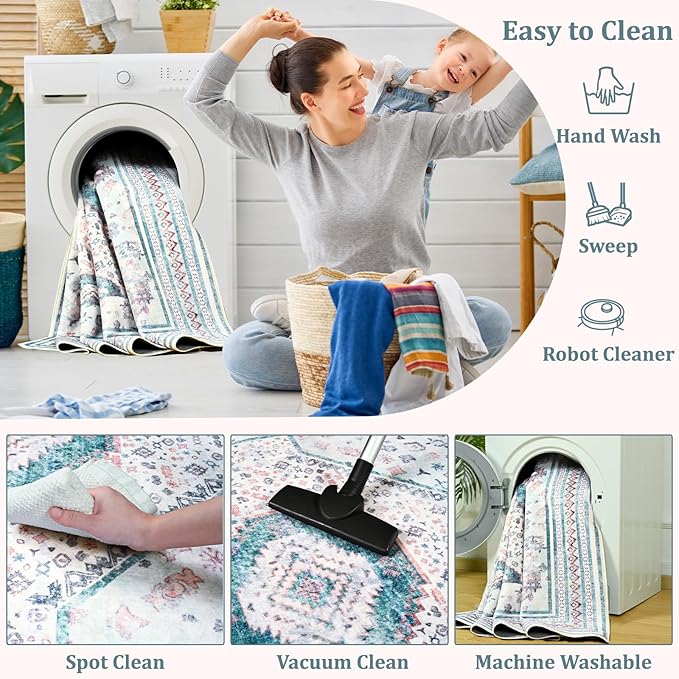 Maxsoft 6x9 Area Rug,Vintage Machine Washable Rugs for Living Room, Soft Non-Slip Low Pile Rug, Stain Resistant Rugs for Kitchen, Bedroom, Dining Room,Laundry Room,Nursery (Beige White)