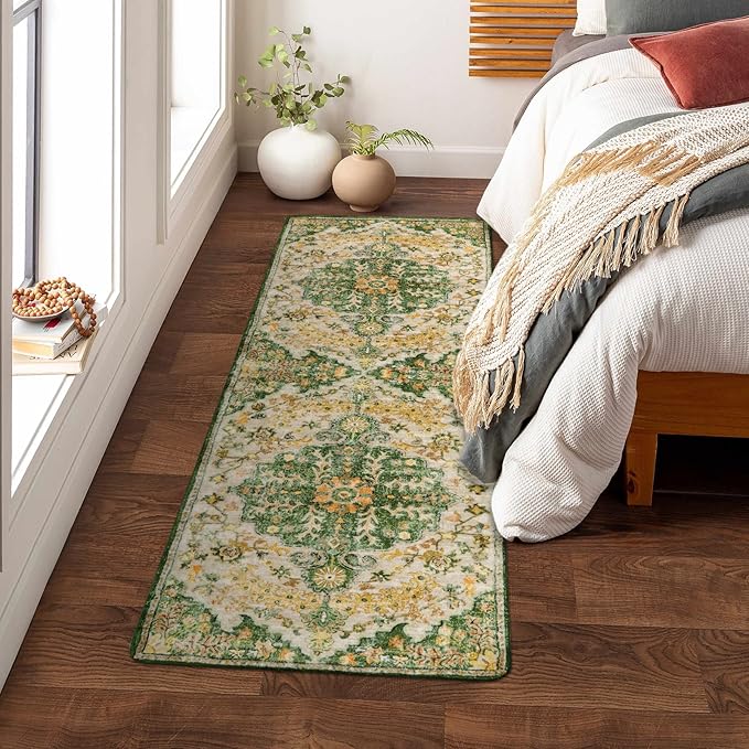 Lahome Bohemian 2x6 Washable Hallway Runner Rug, Kitchen Runner Rugs Non Skid Washable, Floral Medallion Soft Bathroom Carpet Runners for Laundry Room Bedroom Foyer Entryway, Yellow/Green/Multi