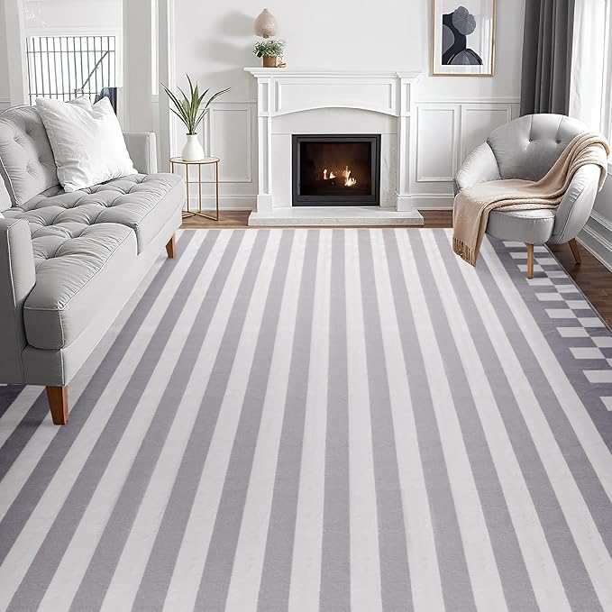 Carvapet Gray Rugs for Living Room Bedroom, Striped Low Pile Modern Carpet with Rubber Backing, Foldable, Non Slip Machine Washable (6 x 4 Feet Rectangular, Grey Area Rug)