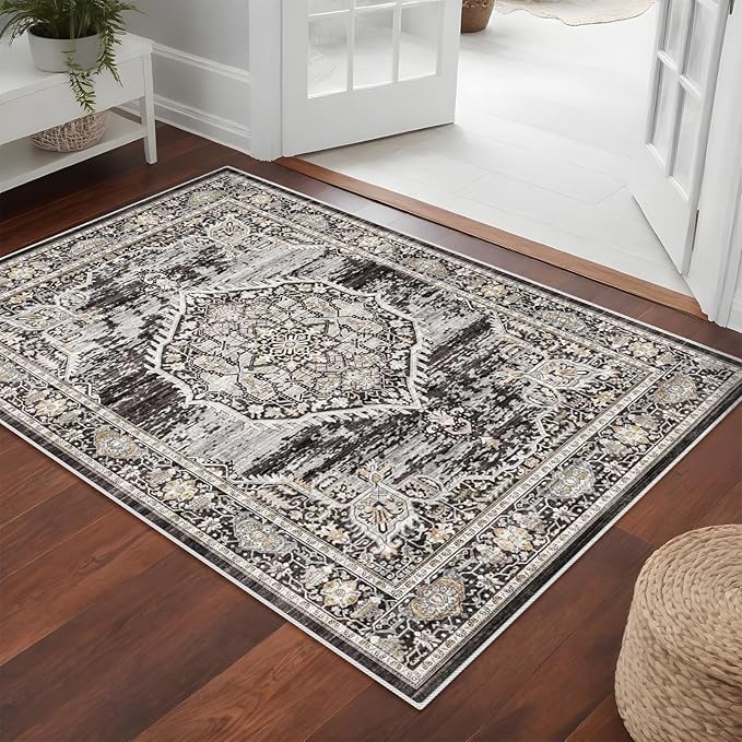YOUFORTONG Area Rug 3x5 Washable Rugs: Soft Ultra Thin Low Pile Mat Machine Washable Indoor Doormat Lightweight Entry Rug Anti Slip Backing Rugs for Living Room Bedroom Kitchen 3'x5' Black