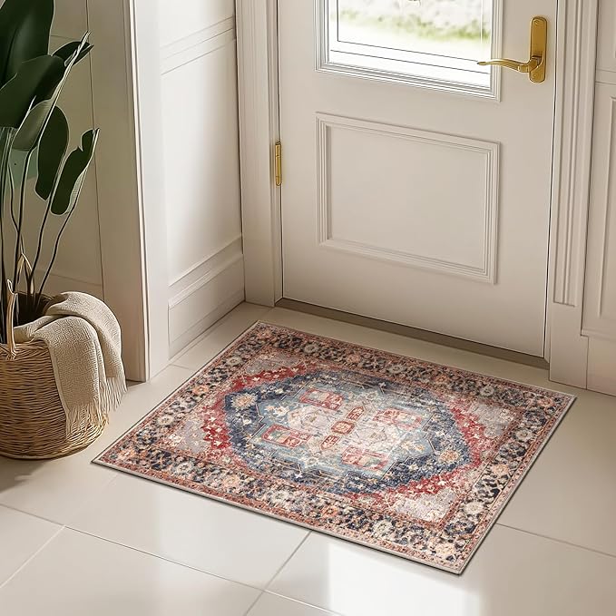 Washable 2x3 Area Rugs, Rugs for Living Room, Low-Pile Water&Stain Resistant Carpet Vintage Distressed Printed Non-Slip Carpet for Bedroom Bathroom Kitchen-Dark Red
