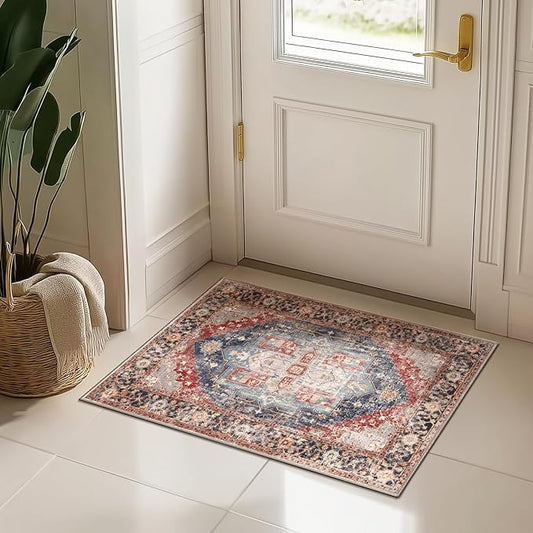Washable 2x3 Area Rugs, Rugs for Living Room, Low-Pile Water&Stain Resistant Carpet Vintage Distressed Printed Non-Slip Carpet for Bedroom Bathroom Kitchen-Dark Red