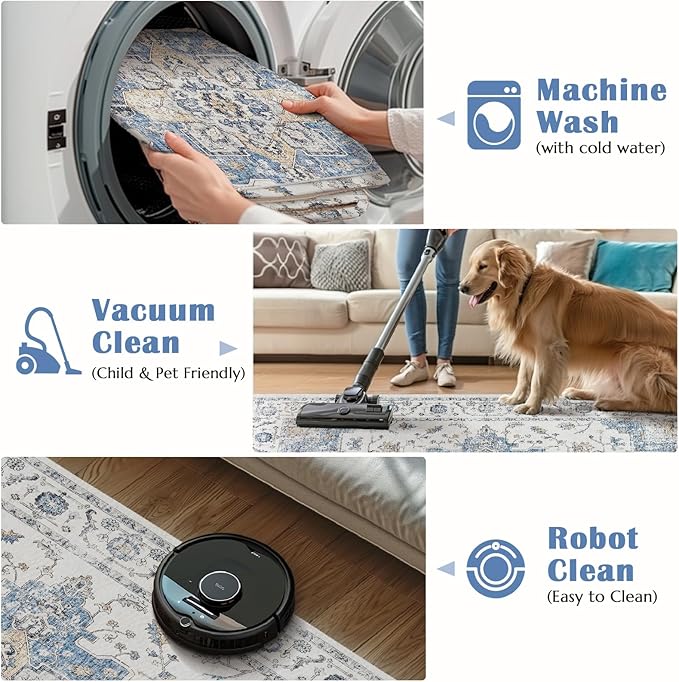 jinchan Runner Rug 2x5 Vintage Hallway Rug Boho Washable Runner Floral Medallion Retro Lightweight Non Slip Classic Thin Soft Carpet for Kitchen Bedroom Bathroom Laundry Room Doorway Blue